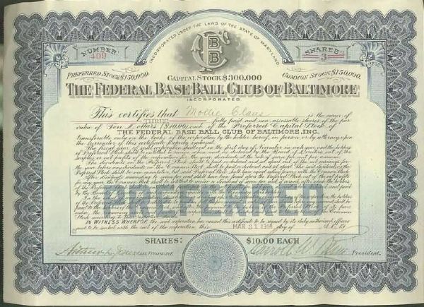 1914 Baltimore Terrapins Federal League Stock Certificate